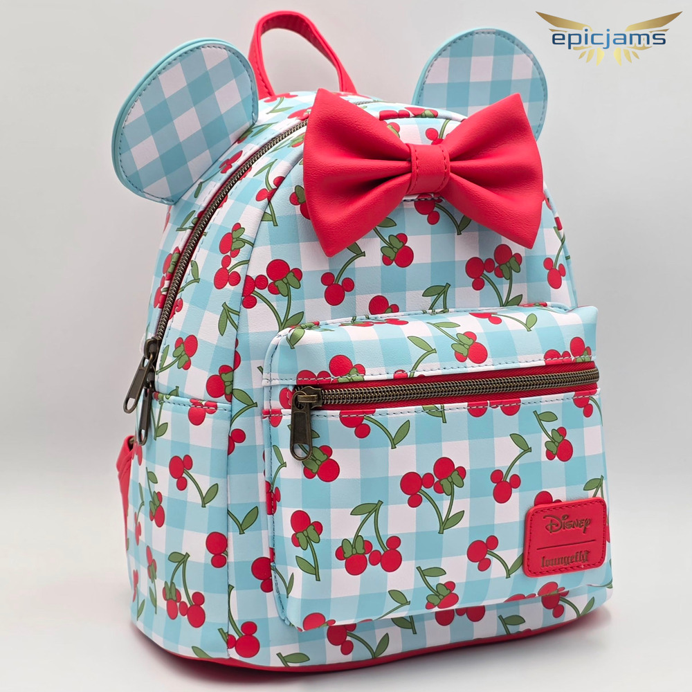 Loungefly Disney Minnie Mouse Gingham Cherry Blue Mini Backpack Bag New - Picture 2 of 5